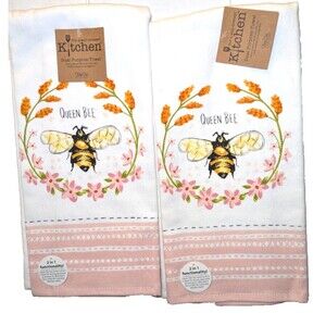 Kay Dee Queen Bee Terry and Flat Kitchen Tea Towels 2-Pc Cotton Floral Gift NEW